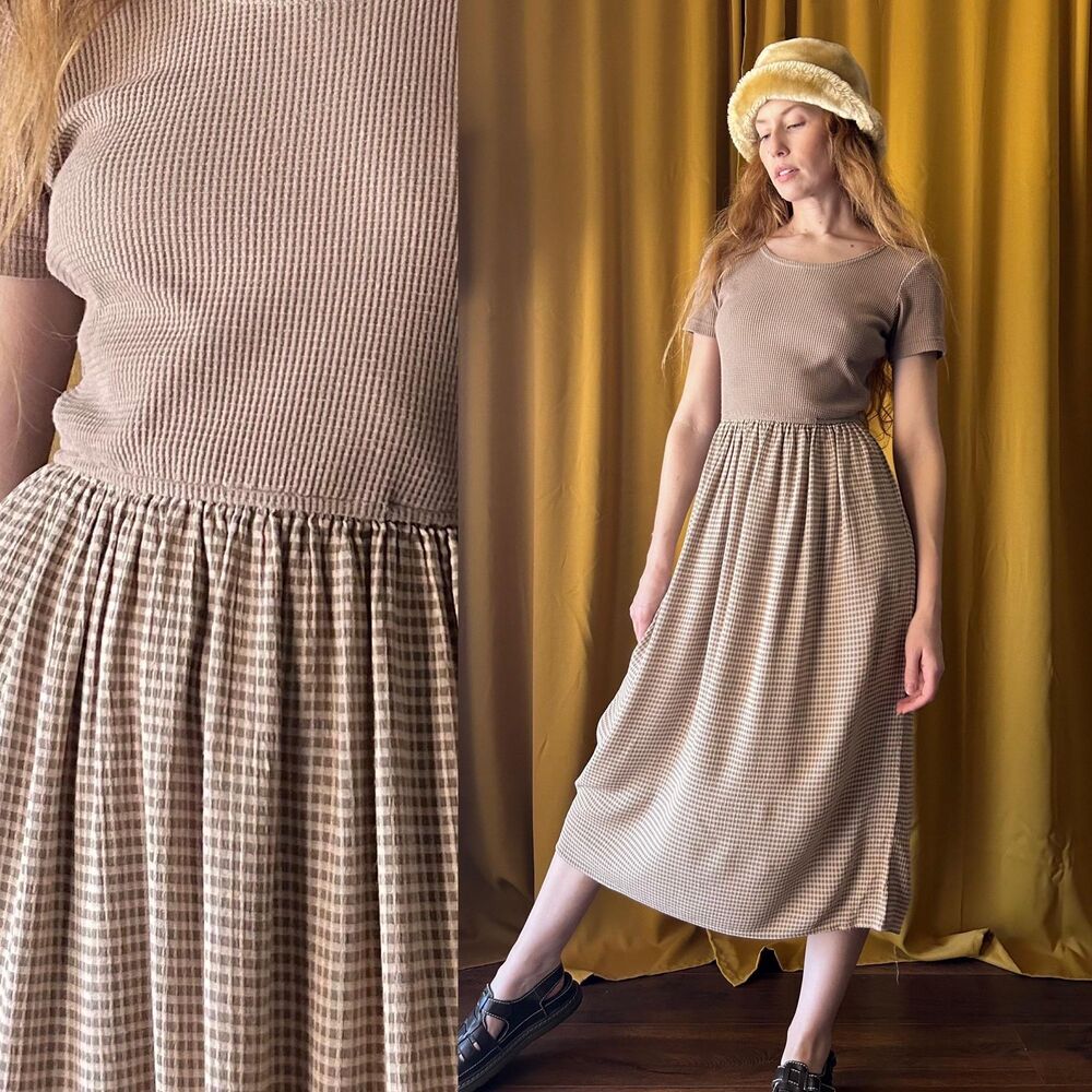 1990s Waffle Knit Plaid Midi Dress, XS